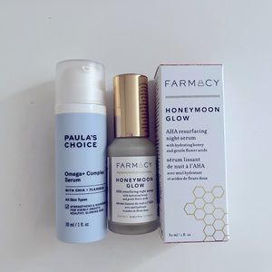 Farmacy honeymoon glow and Paula’s Choice omega complex serum